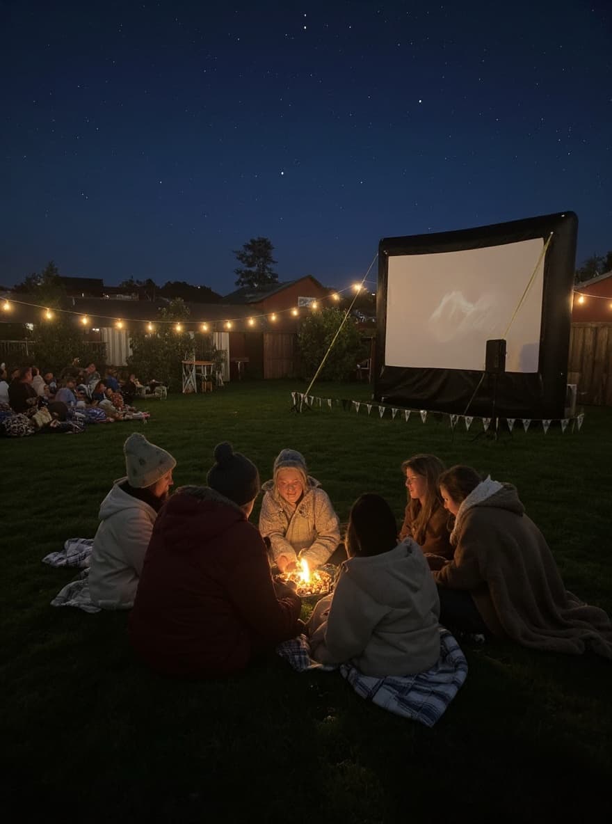 Friends in beanies and blankets gathered around a firepit at a backyard movie night under a starry sky, with an inflatable cinema screen behind them