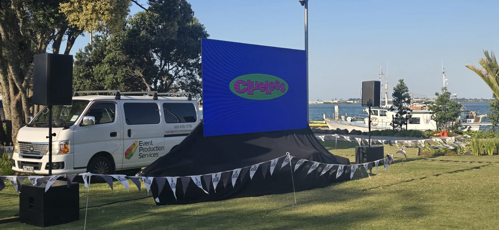 Branded LED screen and Event Production Services rig at a waterfront corporate activation